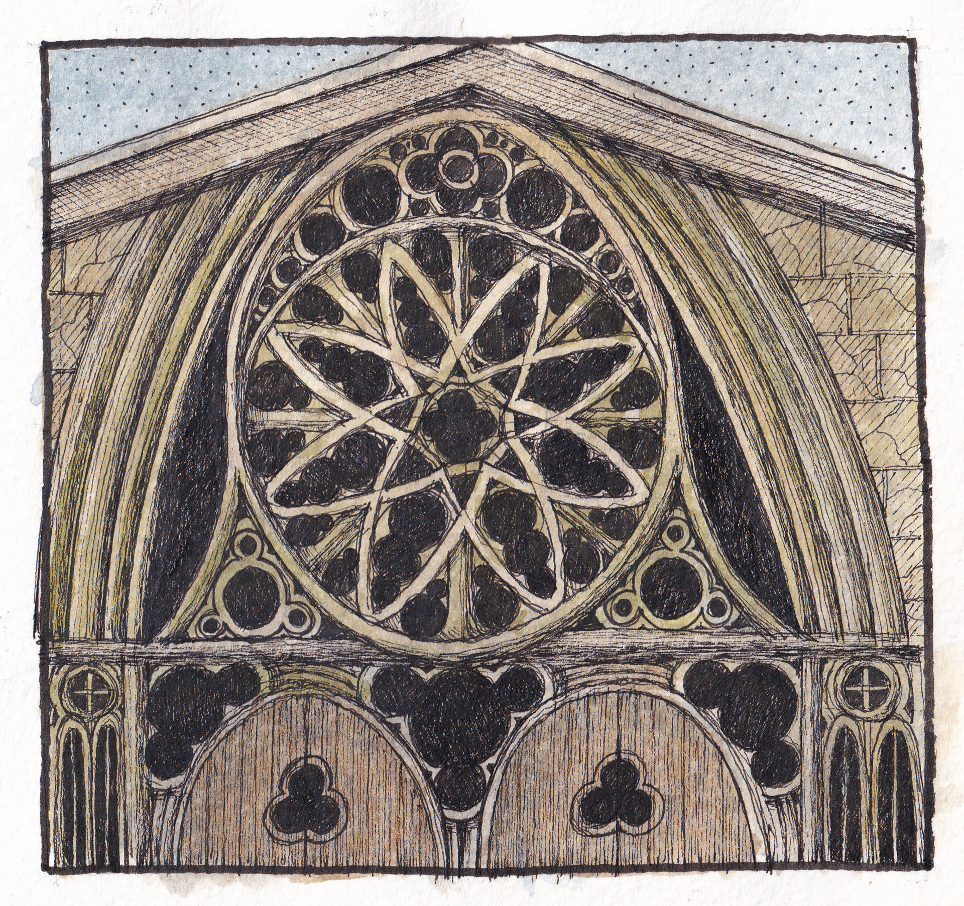 Imaginary facade of a Parisian chapel inspired by Notre Dame, created with watercolors and fineliners.