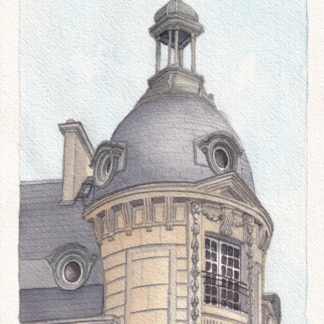 Watercolor painting of an iconic Parisian rooftop with pastel colors and a calm, silent atmosphere.