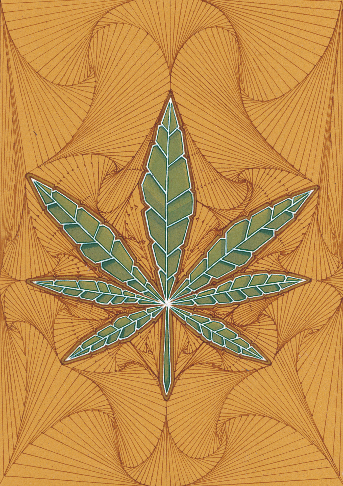 Artwork titled "Dunes of Smoke" with a ganja leaf and spirals of smoke on yellow paper.