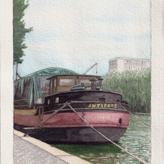 Watercolor painting of L'Antipode ship on Canal de l'Ourcq in Paris with park, water, and buildings in the background