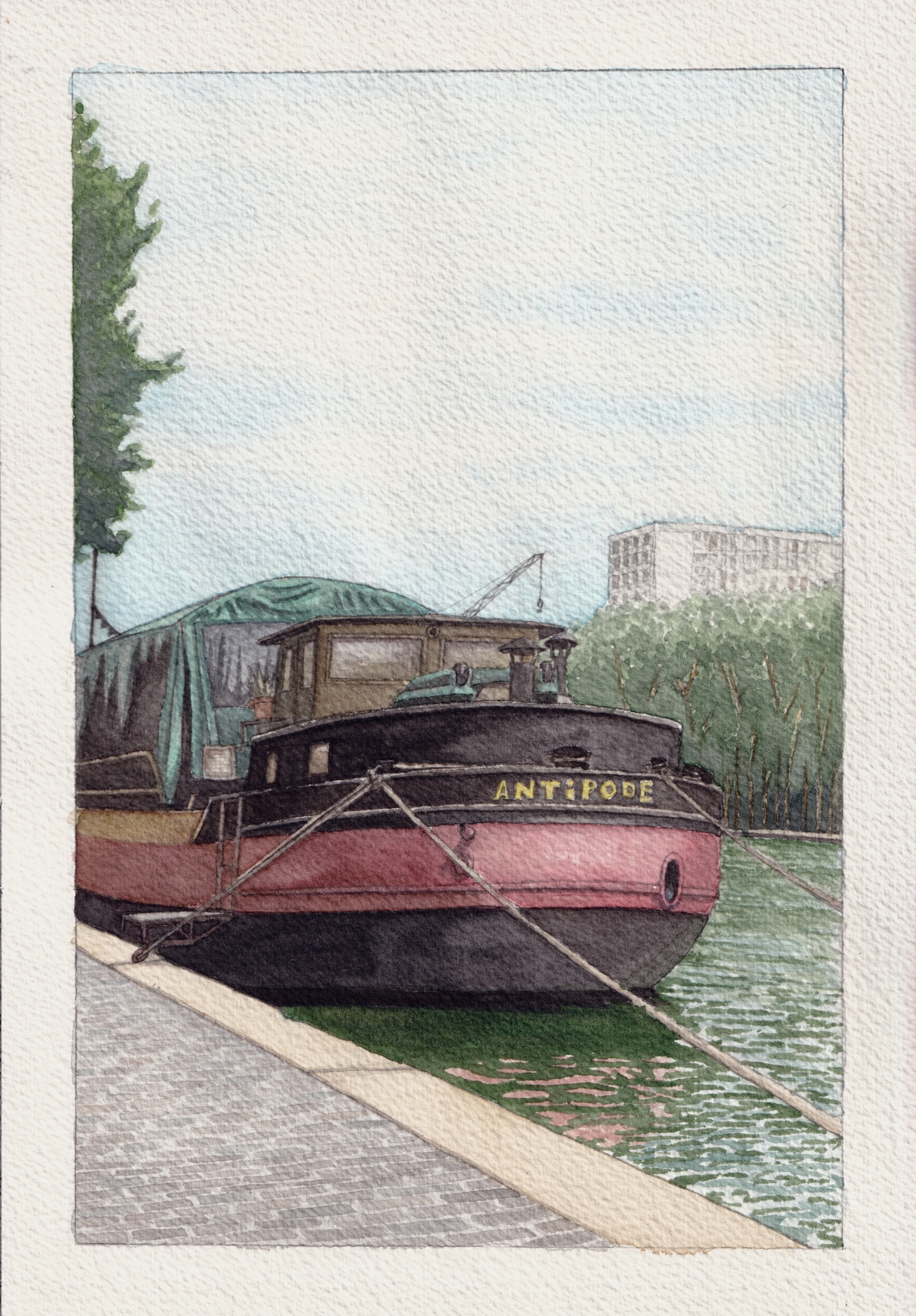 Watercolor painting of L'Antipode ship on Canal de l'Ourcq in Paris with park, water, and buildings in the background