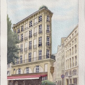A watercolor painting of Le Buci cafe in Paris