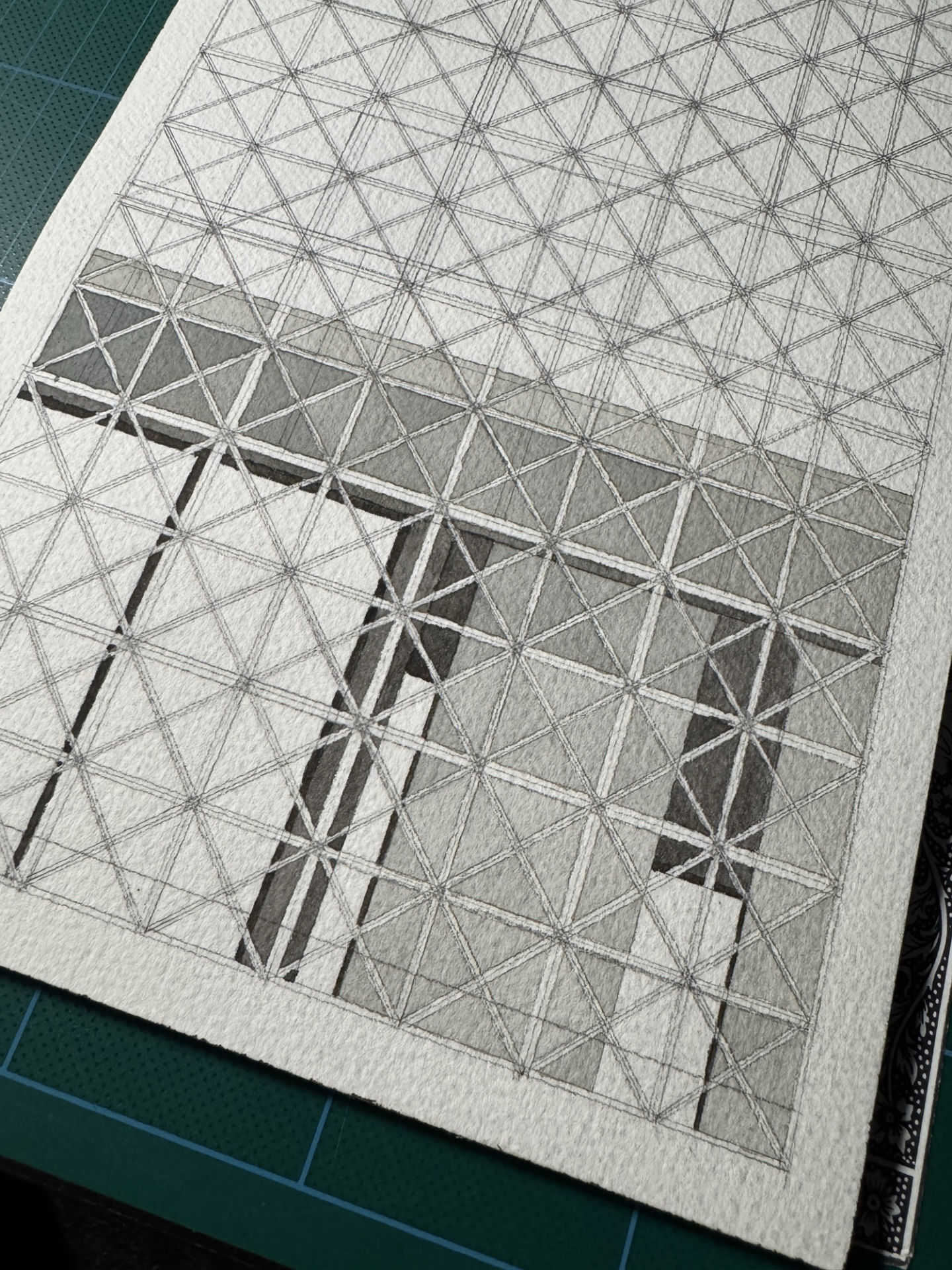 Watercolor painting of the grid structure in front of the Science Museum of Parc de la Villette in Paris, showcasing a white grid against a dark, colored facade. Work in Progress