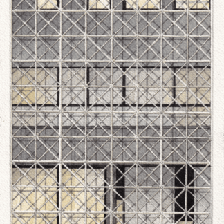 Watercolor painting of the grid structure in front of the Science Museum of Parc de la Villette in Paris, showcasing a white grid against a dark, colored facade.