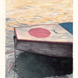 A commissioned watercolor study of the bow of Jaram, a boat moored on the Danube River, captured during the golden hour. The painting isolates a quiet, minimal composition where the glowing reflection of the sunset meets the deep, rippling shadows beneath the boat. The red circle painted on the vessel adds a symbolic and graphical element, contrasting the subdued warmth of the scene.