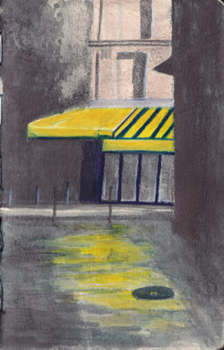 A water soluble graphite painting of a Yellow Restaurant in Paris, painted with Caran d'Ache Grafcube RGB