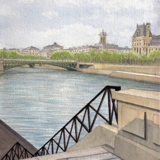 A watercolor painting of the Seine and Hotel de Ville in the background, Paris