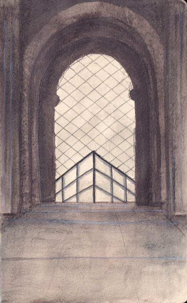 A water soluble graphite painting of a passage in Louvre Paris, painted with Caran d'Ache Grafcube RGB
