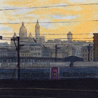 A watercolor painting of the Mont Martre as seen from the RER in Paris