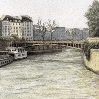 A watercolor painting of Pont au Double in Paris