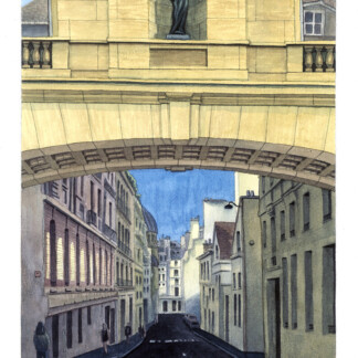 A watercolor painting of the passage to rue Garanciere in Paris