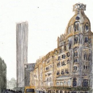 A water soluble wax pastel painting of rue de Reines, Paris with Caran d'Ache Neocolor ii 2 pastels