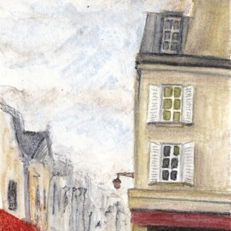 A water soluble wax pastel painting of rue Mouffetard, Paris with Caran d'Ache Neocolor ii 2 pastels