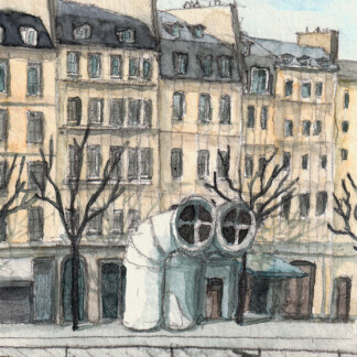 A water soluble wax pastel painting of rue Saint Martin, Paris with Caran d'Ache Neocolor ii 2 pastels