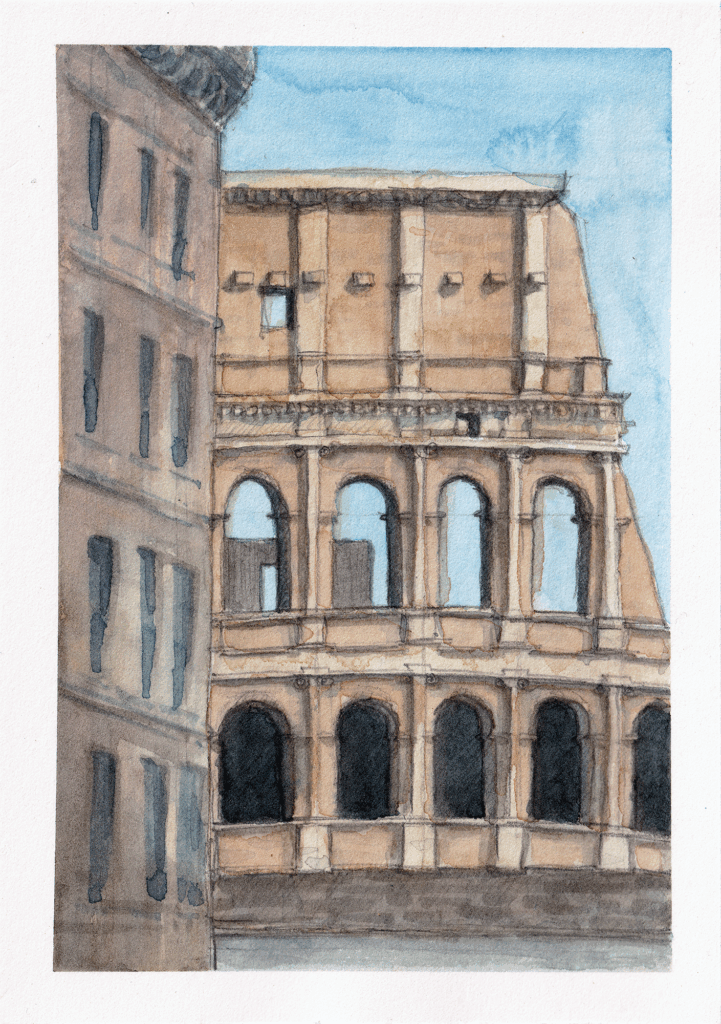 A watercolor painting of the Colosseum in Rome