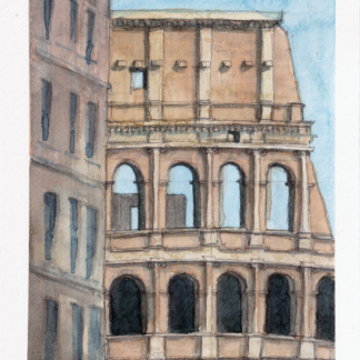 A watercolor painting of the Colosseum in Rome