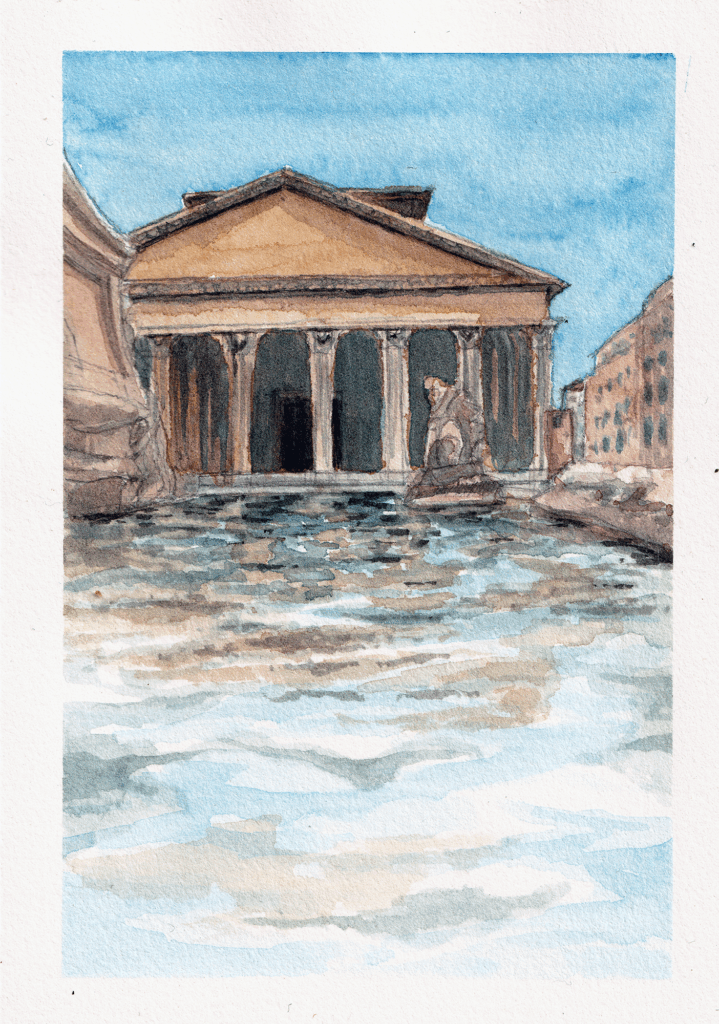 A watercolor painting of the Pantheon in Rome