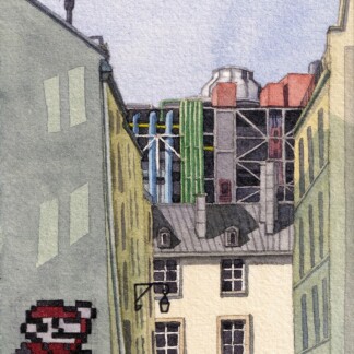 A watercolor painting of Pompidou in Paris, featuring Super Mario by Invader