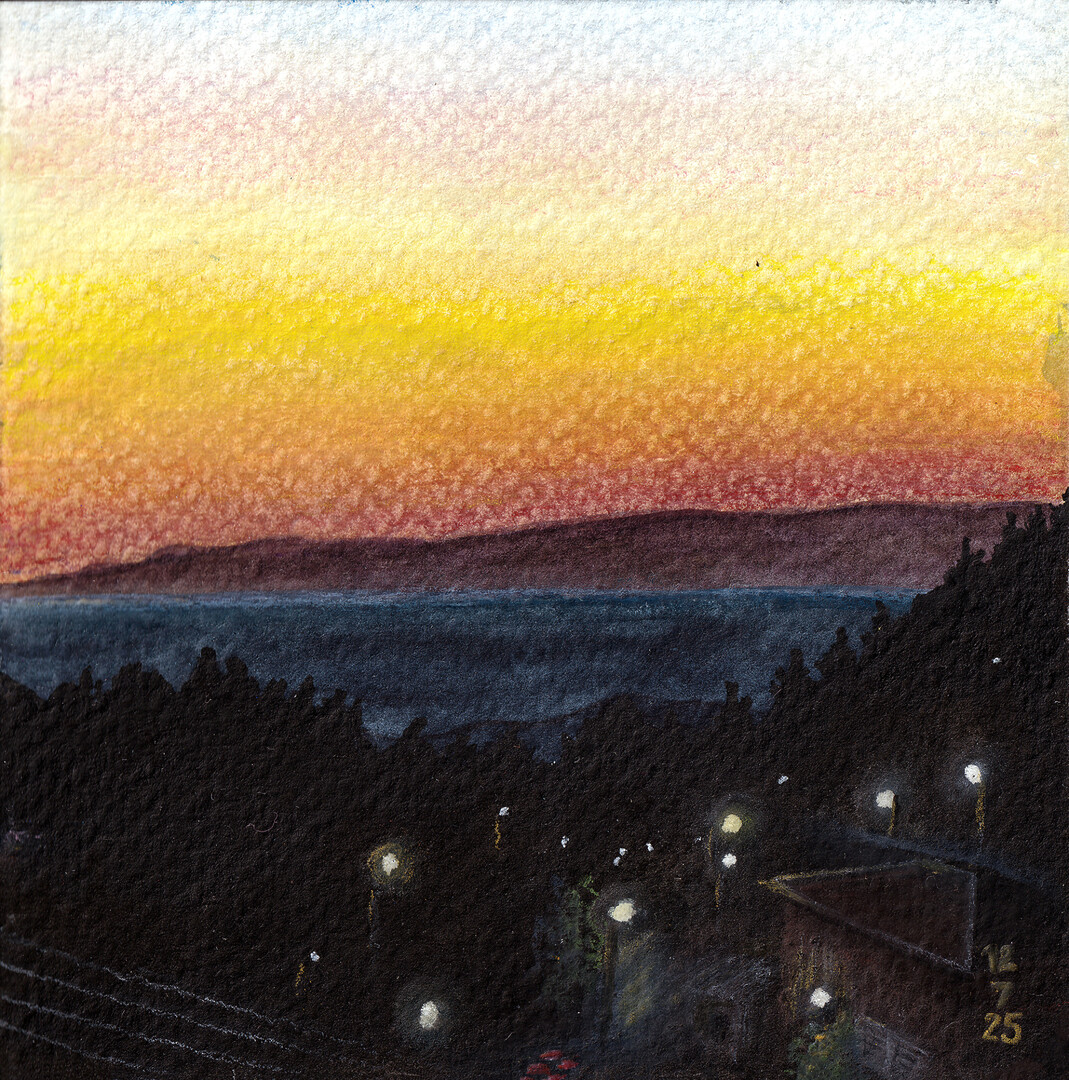 A water soluble pastels painting of the Sunset in Galata village, painted with Caran d'Ache Neocolor ii 2
