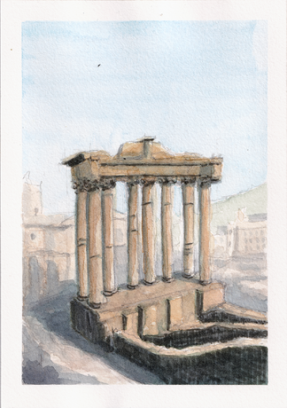 Pillars, Rome Watercolor Pastels Painting, 2025 Size: Arches Fine Grain 9.5x14cm 300gsm Mediums Used: Rotring 800 Mechanical Pencil + Caran d'Ache Neocolor ii Water Soluble Wax Pastels Signed Original Artwork with Certificate of Authenticity. (Without Frame)