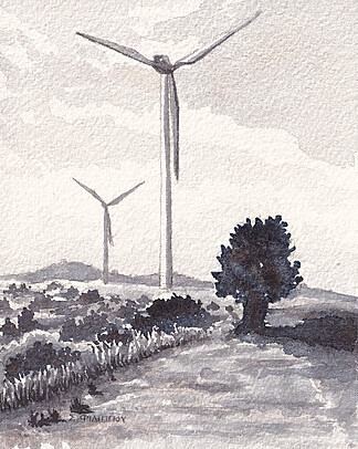 Windfarm, Ayia Anna Watercolor Painting, 2026 Size: Arches Fine Grain 10x12.5cm 300gsm Mediums Used: Rotring 800 Mechanical Pencil + Winsor & Newton / Schminke / Daler Rowney Professional Watercolors Signed Original Artwork with Certificate of Authenticity. (Without Frame)