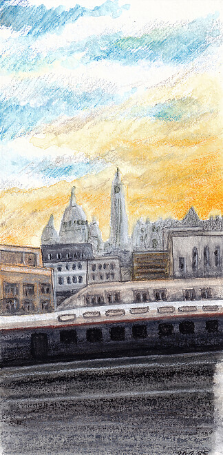 Montmartre from the RER, Paris Watercolor Pastels Painting, 2025 Size: Arches Fine Grain 10.5x21cm 300gsm Mediums Used: Rotring 800 Mechanical Pencil + Caran d'Ache Neocolor ii Water Soluble Wax Pastels Signed Original Artwork with Certificate of Authenticity. (Without Frame)