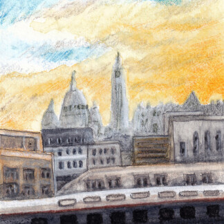 Montmartre from the RER, Paris Watercolor Pastels Painting, 2025 Size: Arches Fine Grain 10.5x21cm 300gsm Mediums Used: Rotring 800 Mechanical Pencil + Caran d'Ache Neocolor ii Water Soluble Wax Pastels Signed Original Artwork with Certificate of Authenticity. (Without Frame)