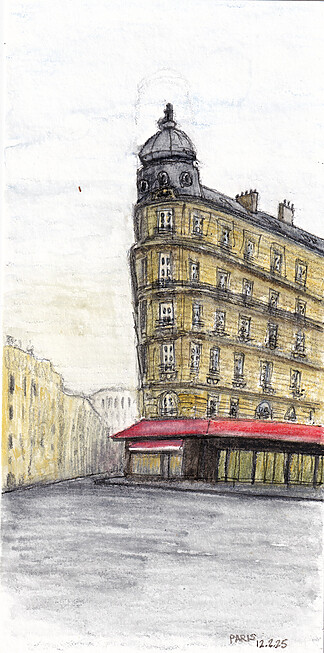Restaurant, Paris Watercolor Pastels Painting, 2026 Size: Arches Fine Grain 10x12.5cm 300gsm Mediums Used: Rotring 800 Mechanical Pencil + Caran d'Ache Neocolor ii Water Soluble Wax Pastels Signed Original Artwork with Certificate of Authenticity. (Without Frame)