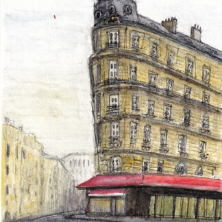 Restaurant, Paris Watercolor Pastels Painting, 2026 Size: Arches Fine Grain 10x12.5cm 300gsm Mediums Used: Rotring 800 Mechanical Pencil + Caran d'Ache Neocolor ii Water Soluble Wax Pastels Signed Original Artwork with Certificate of Authenticity. (Without Frame)