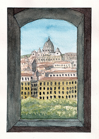 Batican, Rome Watercolor Pastels Painting, 2025 Size: Arches Fine Grain 9.5x14cm 300gsm Mediums Used: Rotring 800 Mechanical Pencil + Caran d'Ache Neocolor ii Water Soluble Wax Pastels Signed Original Artwork with Certificate of Authenticity. (Without Frame)