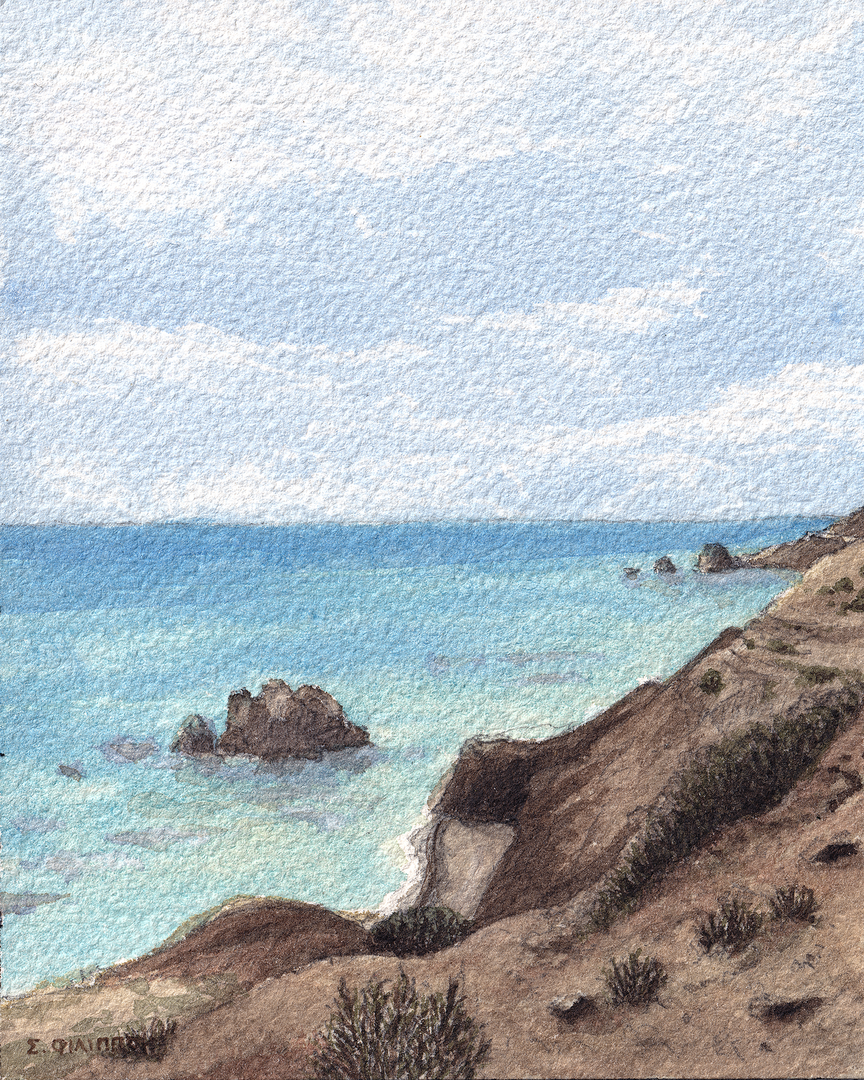 Petra tou Romiou, Cyprus Watercolor Painting, 2026 Size: Arches Fine Grain 10×12.5cm 300gsm Mediums Used: Rotring 800 Mechanical Pencil + Winsor & Newton / Schminke / Daler Rowney Professional Watercolors