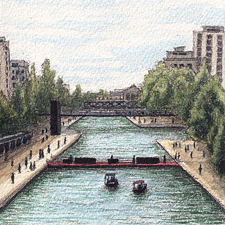 Canal de l'Ourcq, Paris Watercolor Painting 10x12.5cm